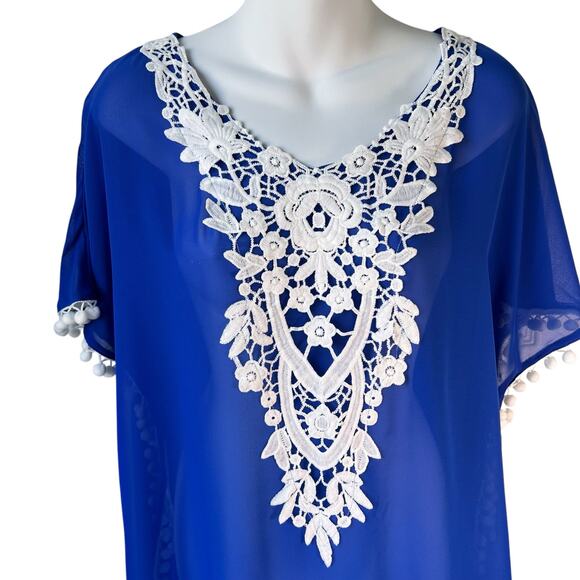 Chiffon Crochet Swimsuit Pullover Cover Up Womens S-M Blue White Beachy Vacation - Picture 4 of 15